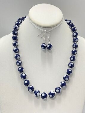 Vintage Polka Dot Lamp Work Bead Necklace Set, Navy Blue & White, MCM, Nautical